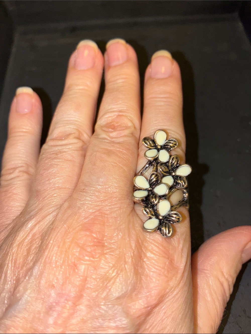 Floral Cluster Cream Enamel Stretch Ring in Silver-Tone